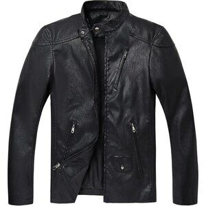 🆕Men's Black0074 Collar Leather Motorcycle Lightweight Faux Leather Jacket